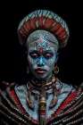Tattooed tribal woman in hat and beads. AI Generated. Art Print